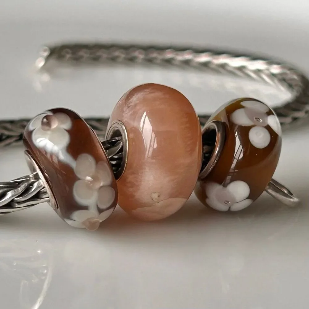 Lot of 3 Artisan Beads - Peach Moonstone & 2 Brown Ivory Glass Textured Flowers